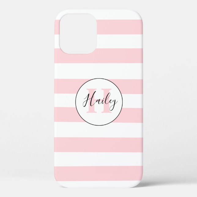Coque iphone monogramme rose et blanc rayé (Verso)