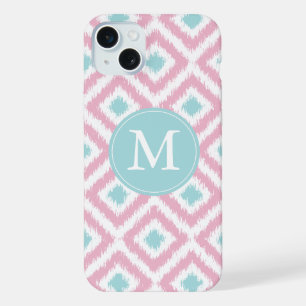 Coque iPhone 15 Plus Monogramme rose et diamants de la menthe Motif Ika