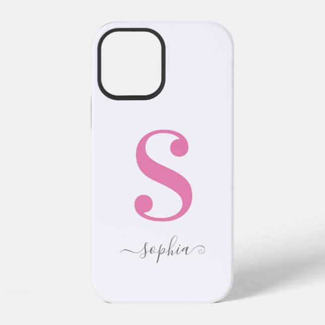 Coque iPhone Monogramme rose minimal avec nom de script gris bl (Verso)