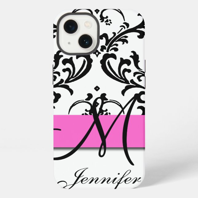 Coque iPhone Monogramme rose noir brun brune Damask (Verso)