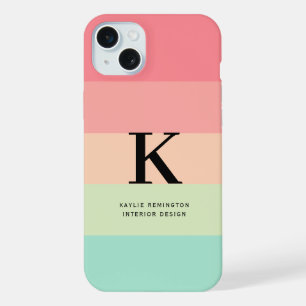 Coque iPhone 15 Plus Monogramme Rose Rayure Bloc de Couleurs Arc-en-Cie