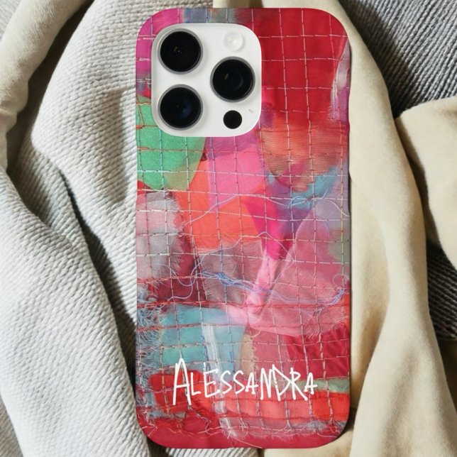 Coque iPhone monogramme rose rouge nom abstrait patern (Créateur téléchargé)