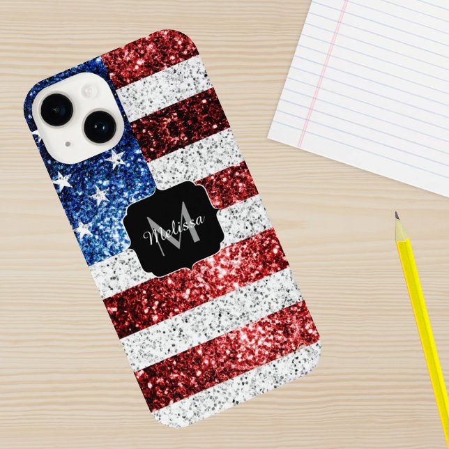 Coque iPhone Monogramme rouge blanc bleu paillettes scintille d (Créateur téléchargé)