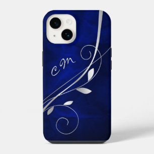 Coque Pour iPhone 14 Monogramme royal bleu feuille argent