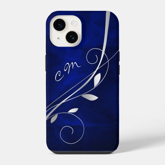Coque iPhone Monogramme royal bleu feuille argent (Verso)