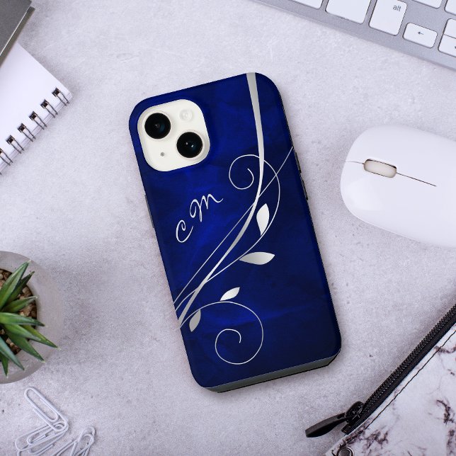 Coque iPhone Monogramme royal bleu feuille argent (Créateur téléchargé)