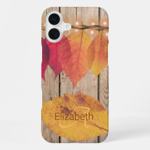 Coque iPhone 16 Plus Monogramme rustique Lumières de feuilles d'automne