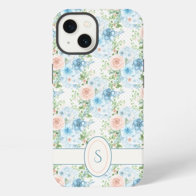 Coque iPhone Monogramme Rustique Rose Bleu Floral Aquarelle (Verso)