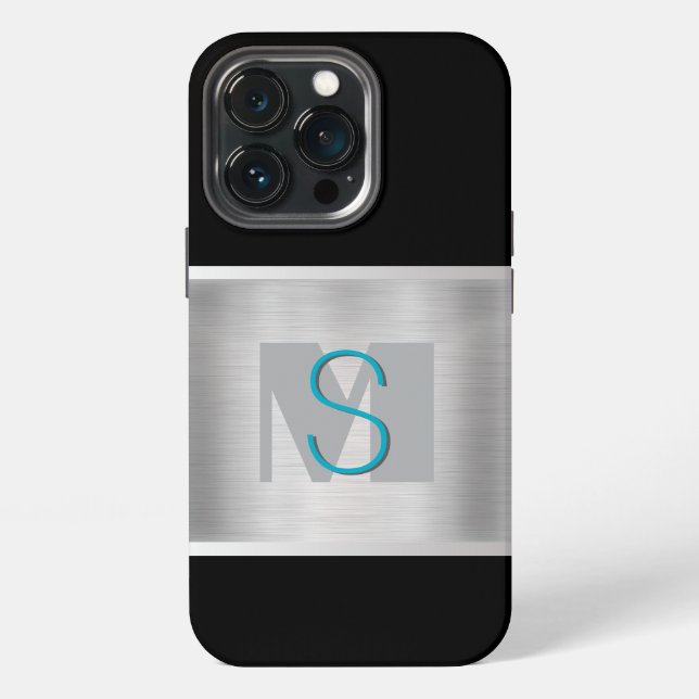Coque iPhone Monogramme sarcelle et gris, argent brossé, noir (Dos)