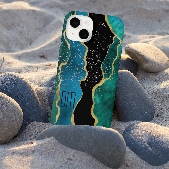 Coque iPhone Monogramme scintillant Agate sarcelle à bordure do (Créateur téléchargé)