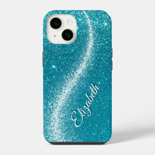 Coque Pour iPhone 14 Monogramme scintillant turquoise sarcelle faux cap