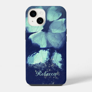 Coque Pour iPhone 14 Monogramme Script Bleu Marine Floral Turquoise Feu