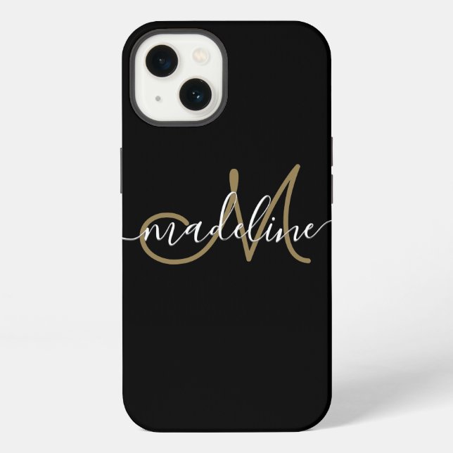 Coque iPhone Monogramme Script Moderne Noir Or (Verso)