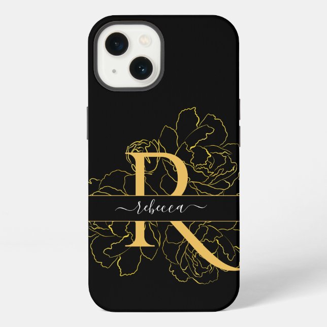 Coque iPhone Monogramme Script Nom Moderne Noir Or Floral (Verso)