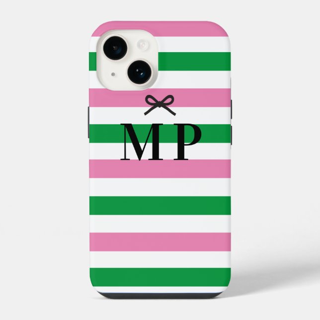 Coque iPhone Monogramme simple avec un nœud rose et vert coloré (Verso)