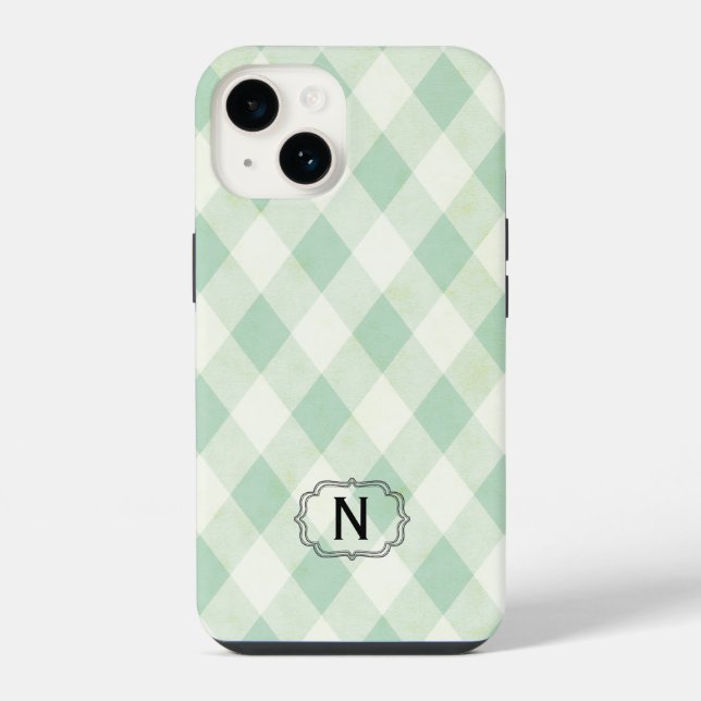 Coque iPhone Monogramme simple encadré sur gingham vert et blan (Verso)