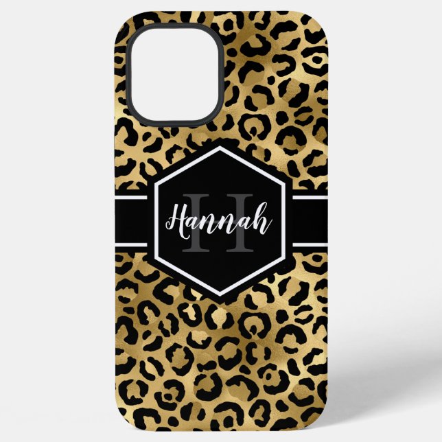 Coque iPhone Monogramme Taches de Léopard Noir Or (Verso)