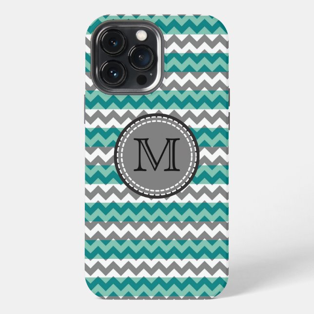 Coque iPhone Monogramme Turquoise et Grey Chevron Zigzag (Verso)