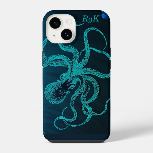 Coque iPhone Monogramme Turquoise et Octopus bleu (Verso)