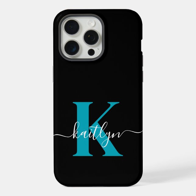 Coque iPhone Monogramme Turquoise noir moderne (Verso)