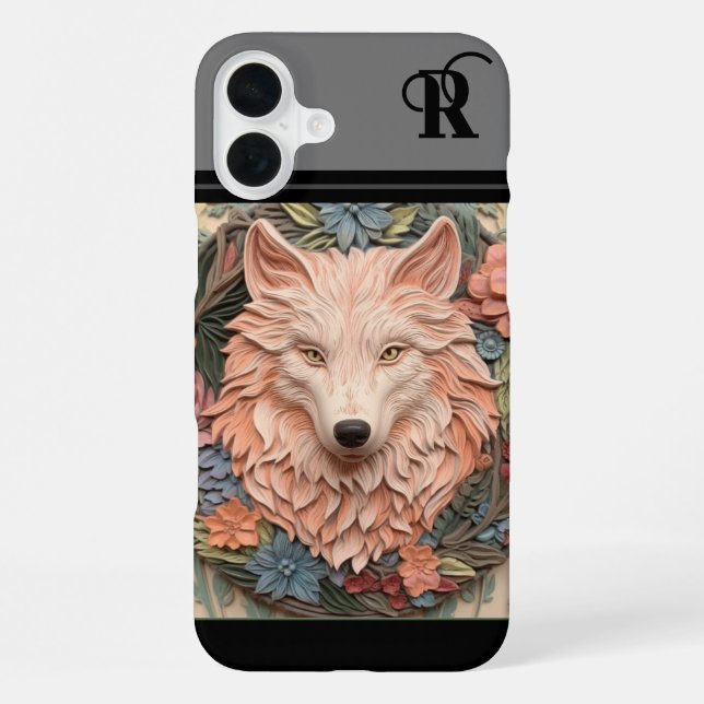 Coque iPhone Monogramme unique de loup et de fleurs (Verso)