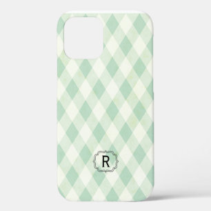 Coque iPhone 12 Monogramme unique encadré sur la menthe et la En v