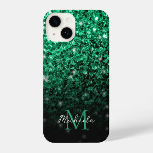Coque Pour iPhone 14 Monogramme vert foncé faux parties scintillant sci