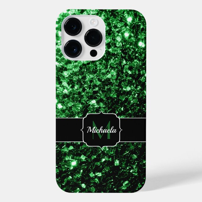 Coque iPhone Monogramme vert foncé faux parties scintillant sci (Verso)