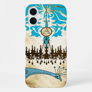 Coque iPhone 16 Plus Monogramme Vintage Peacock Chandelier Damas