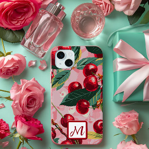 Coque iPhone 15 Plus Monogramme vintage rose cerisier