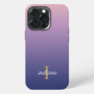 Etui iPhone 13 Pro Monogramme Violet Bleu Ombré Style Nom Script