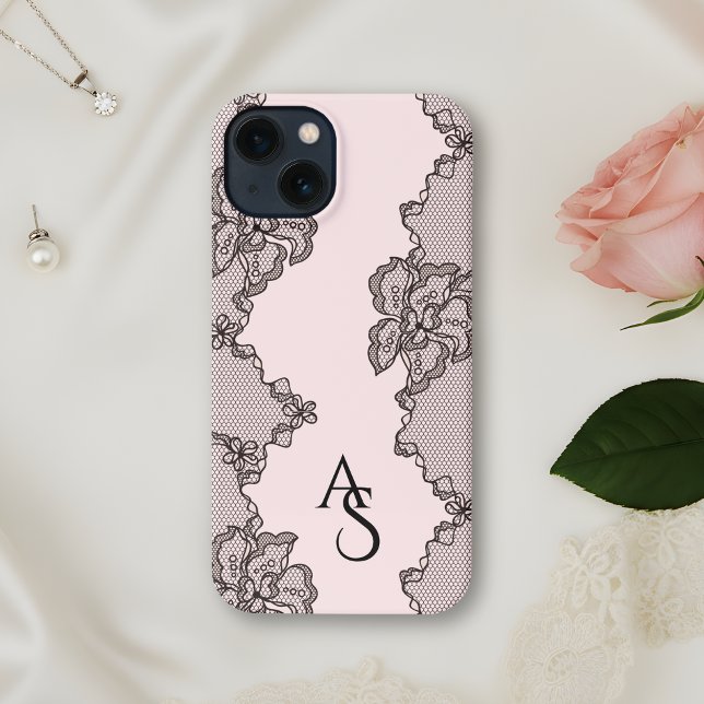 Coque iPhone Monogrammed Black Pink Floral Lace  (Créateur téléchargé)