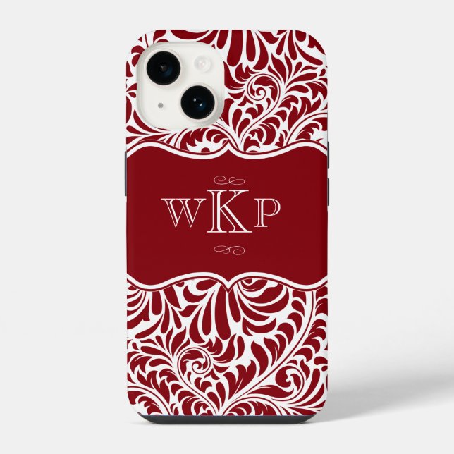 Coque iPhone Monogrammes personnalisés Cranberry Damask Pattern (Verso)