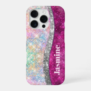 Coque iPhone 16 Pro Monographie de parties scintillant en argent rose