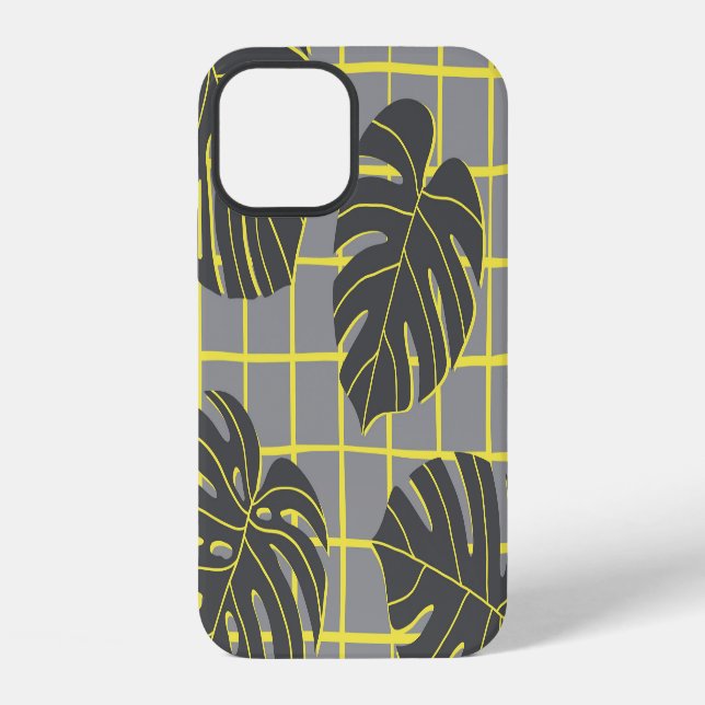 Coque iPhone Monstera Feuilles : Jaune-Gris moderne Abstrait (Verso)