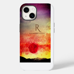 Coque Pour iPhone 14 Montagnes de coucher de soleil à l'aquarelle Monog