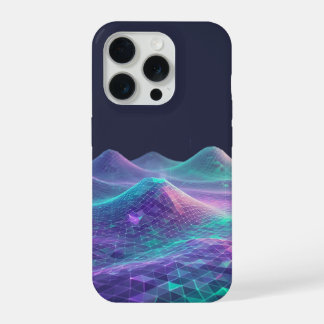 Coque iPhone 15 Pro Montagnes néon Art Grid Digital - Esthétique Tech
