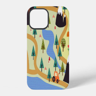 Coque iPhone 12 Montagnes, rivières, forêt, motif automobile.