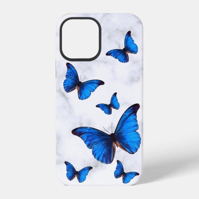 Coque iPhone Morpho Bleu Papillons en Vol Marbré (Verso)