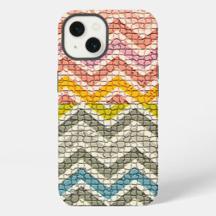 ETUI iPhone 13 MOSAÏQUE BLEU GRIS JAUNE ROSE BLANC CHEVRONS