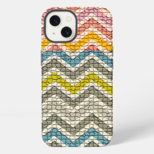 ETUI iPhone 13 MOSAÏQUE BLEUE GRIS JAUNE ROSE BLANC CHEVRONS