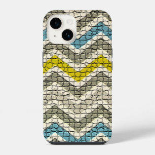COQUE POUR iPhone 14 MOSAÏQUE BLEUE GRISE JAUNE BLANC CHEVRONS
