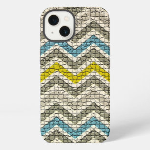 ETUI iPhone 13 MOSAÏQUE BLEUE GRISE JAUNE BLANC CHEVRONS