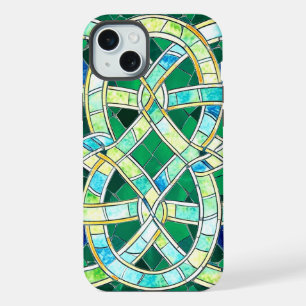 Coque iPhone 15 Plus Mosaique de pierre en noeud celtique vert