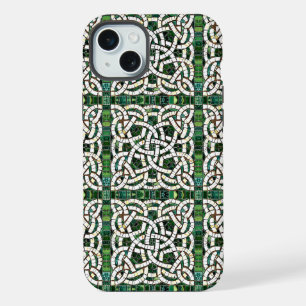 Coque iPhone 15 Plus Mosaïque de pierre en noeud celtique vert et blanc