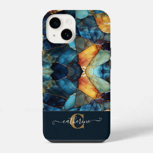 Coque Pour iPhone 14 Mosaïque d'or bleu moderne Vitrail Monogramme
