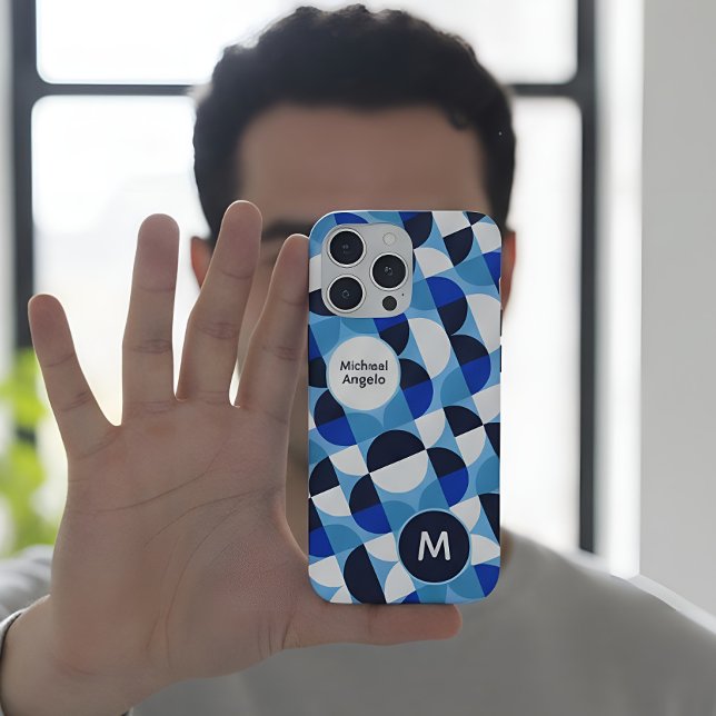 Coque iPhone Mosaïque Géométrique Bleue Bauhaus Monogramme Nom  (Créateur téléchargé)
