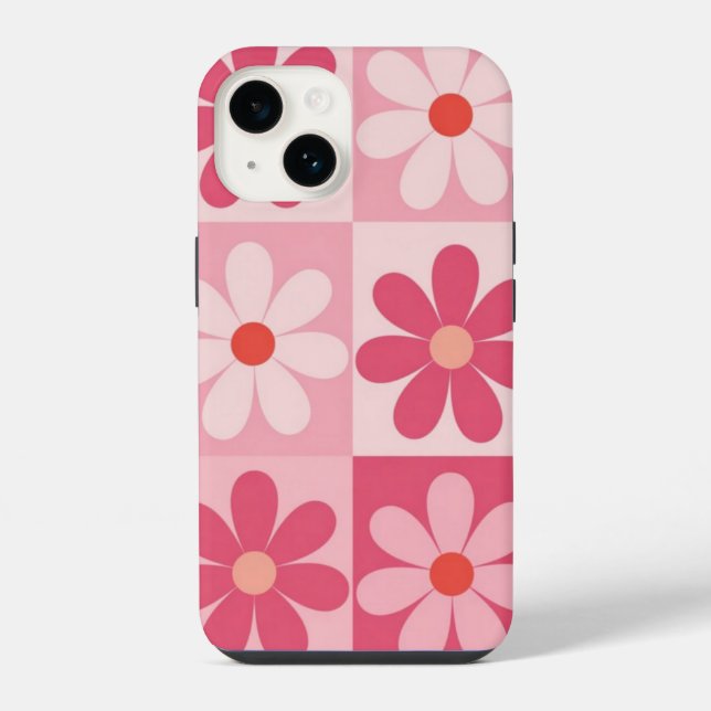 Coque iPhone Motif à carreaux de marguerite rose rétro (Verso)