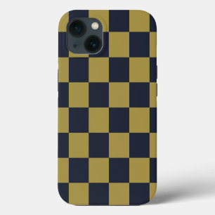 Etui iPhone 13 Motif à carreaux élégant or et bleu marine