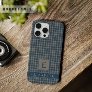 Coque iPhone 15 Pro Max Motif à carreaux gris foncé et bleu personnalisé